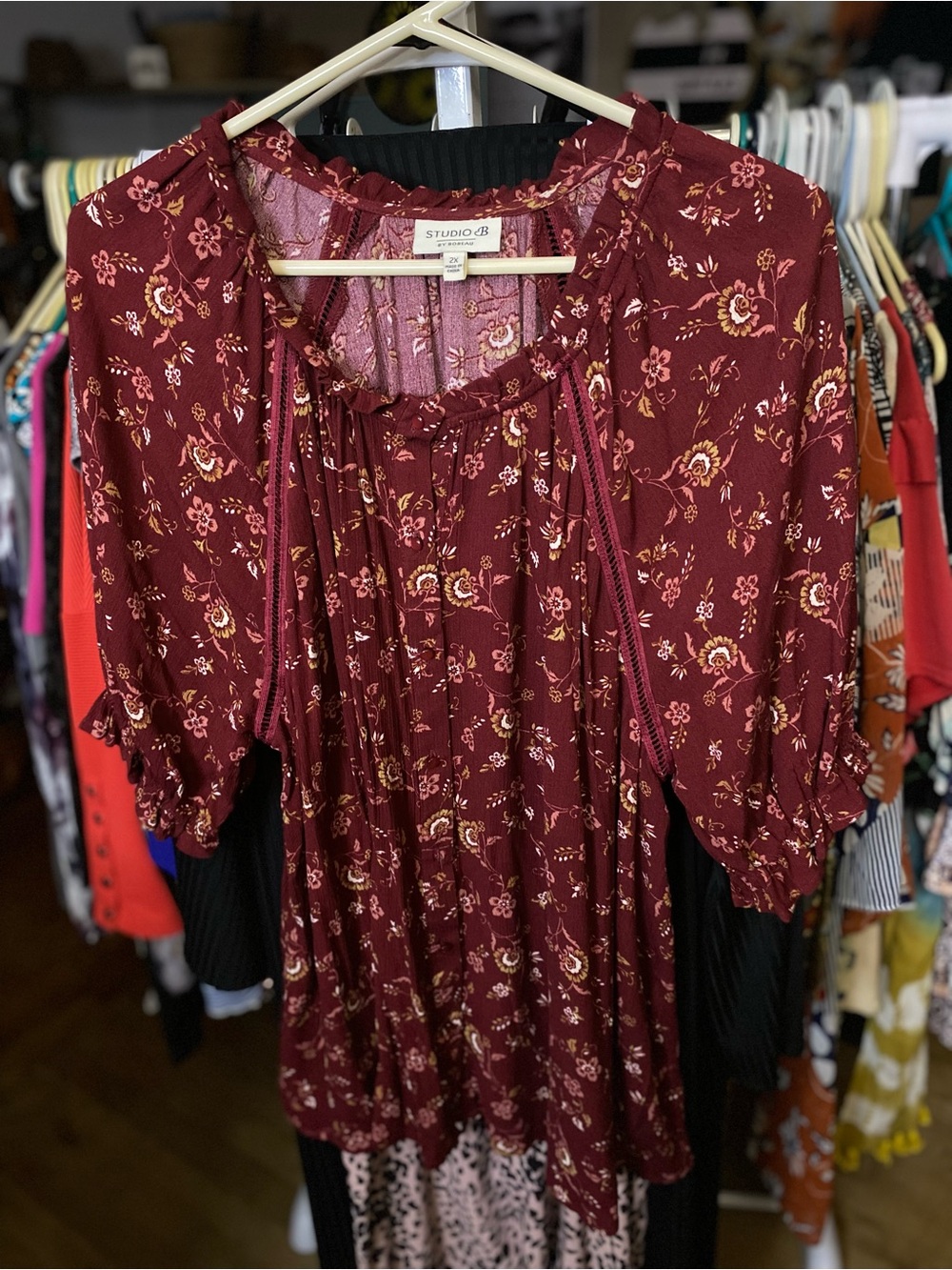 bobeau Wine Floral Peasant Top